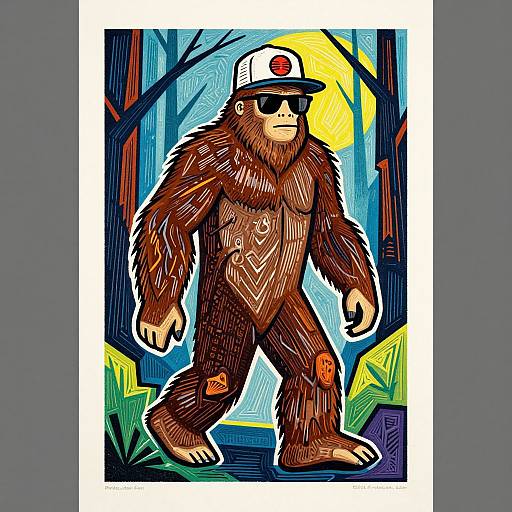 Colorful digital illustration of a muscular, anthropomorphic brown bear wearing a white cap and sunglasses, standing in a vibrant forest.