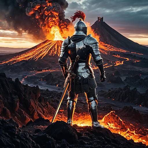 Knight in Shining Armor Overlooking Volcanic Eruption