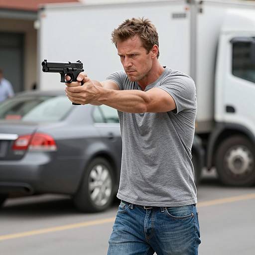 Focused Man Aiming Handgun on Street