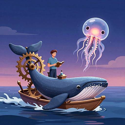 Clockwork Whale Librarian with Floating Inkfish