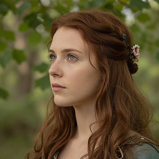 Photograph of a young white woman with fair skin and long, wavy auburn hair adorned with a small flower, gazing thoughtfully into