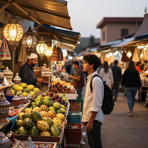 Boy Exploring Vibrant Dusk Marketplace