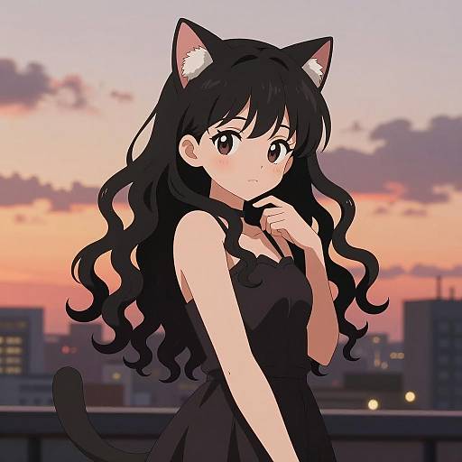 Anime Neko Girl at Sunset
