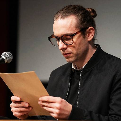 Focused Man with Document and Microphone