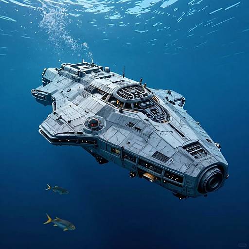 Photorealistic CGI of a white, detailed Star Wars Millennium Falcon spaceship floating underwater, surrounded by three small fish, with blue ocean water and bubbles in