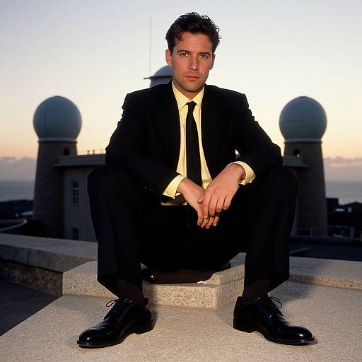 Photograph of a serious man in a black suit, white shirt, and black tie, sitting on a rooftop ledge at sunset, with two dome-shaped