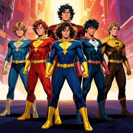 Comic book illustration of six muscular superheroes in colorful costumes, standing confidently in front of a vibrant, cityscape background.
