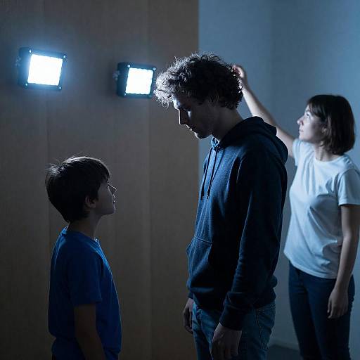 Dim Blue Scene With Man, Boy, Woman