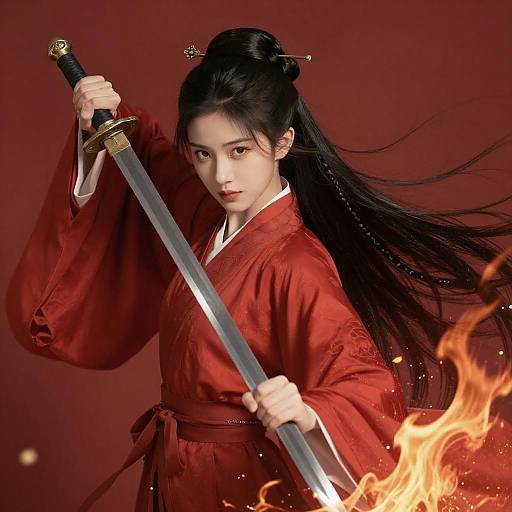 Asian woman with long black hair in red kimono, holding katana, flames in background, intense expression, digital art, red backdrop.