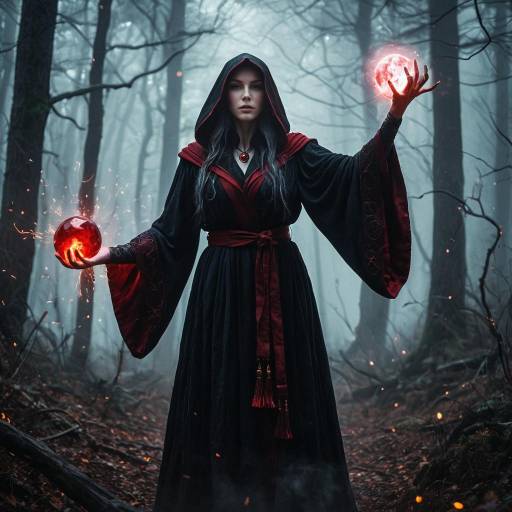 Ancient Sorceress Wielding Crimson Orbs in Foggy Haunted Forest