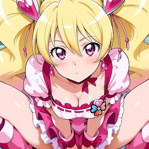 Anime-style digital drawing of a blonde girl with twin pigtails, large pink eyes, and a pink and white magical girl outfit. She looks up