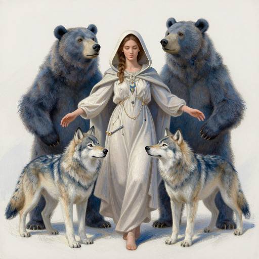 Digital artwork of a fair-skinned woman in a white hooded dress flanked by two large bears and two wolves.