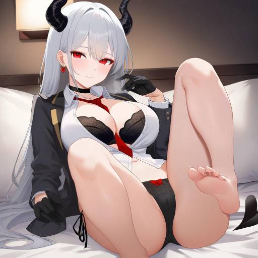 Seductive Demon Girl in Elegant Hotel Suite