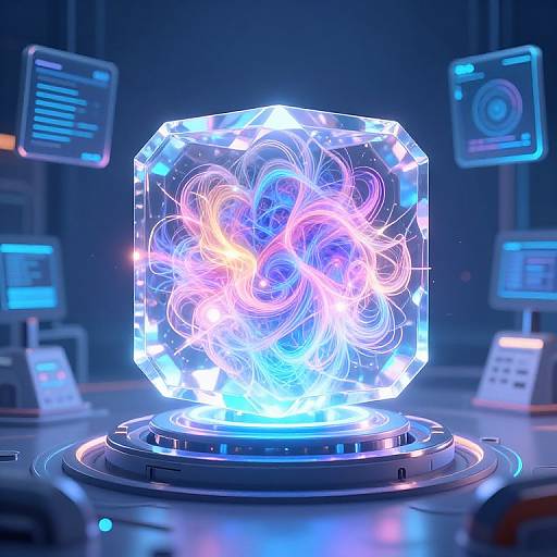 Photograph of a glowing, crystal cube with swirling, neon blue and pink lights, centered on a futuristic control panel, surrounded by floating screens.