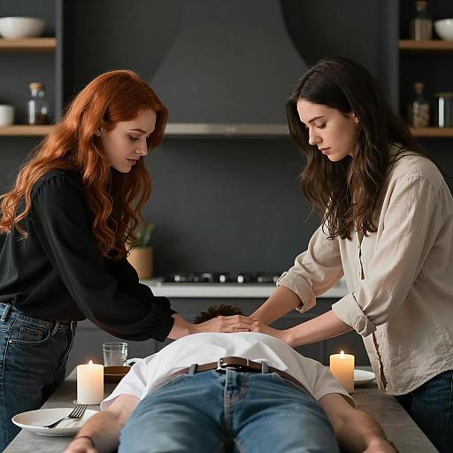 Two Women Holding Hands of Man Lying on Table