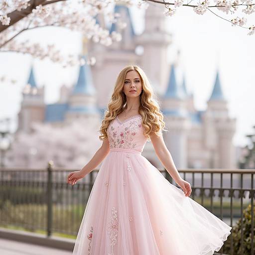 Photograph of a blonde woman with wavy hair in a pink, floral-embellished ball gown, standing under blossoming trees with a blurred