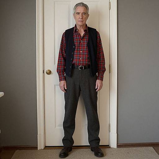 Photograph of an older white man with gray hair, wearing a red plaid shirt, black vest, and dark pants, standing in front of a
