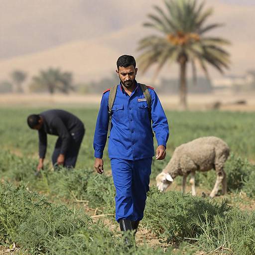 Man in Blue Uniform Walking in Green Field