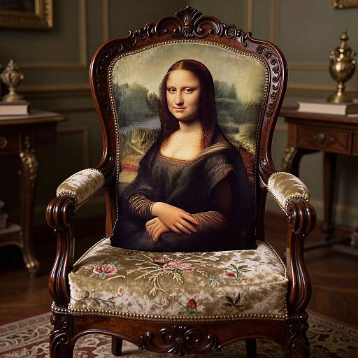 Digital artwork of the Mona Lisa sitting in an ornate, floral-patterned, Victorian armchair in a dimly lit, elegant room.
