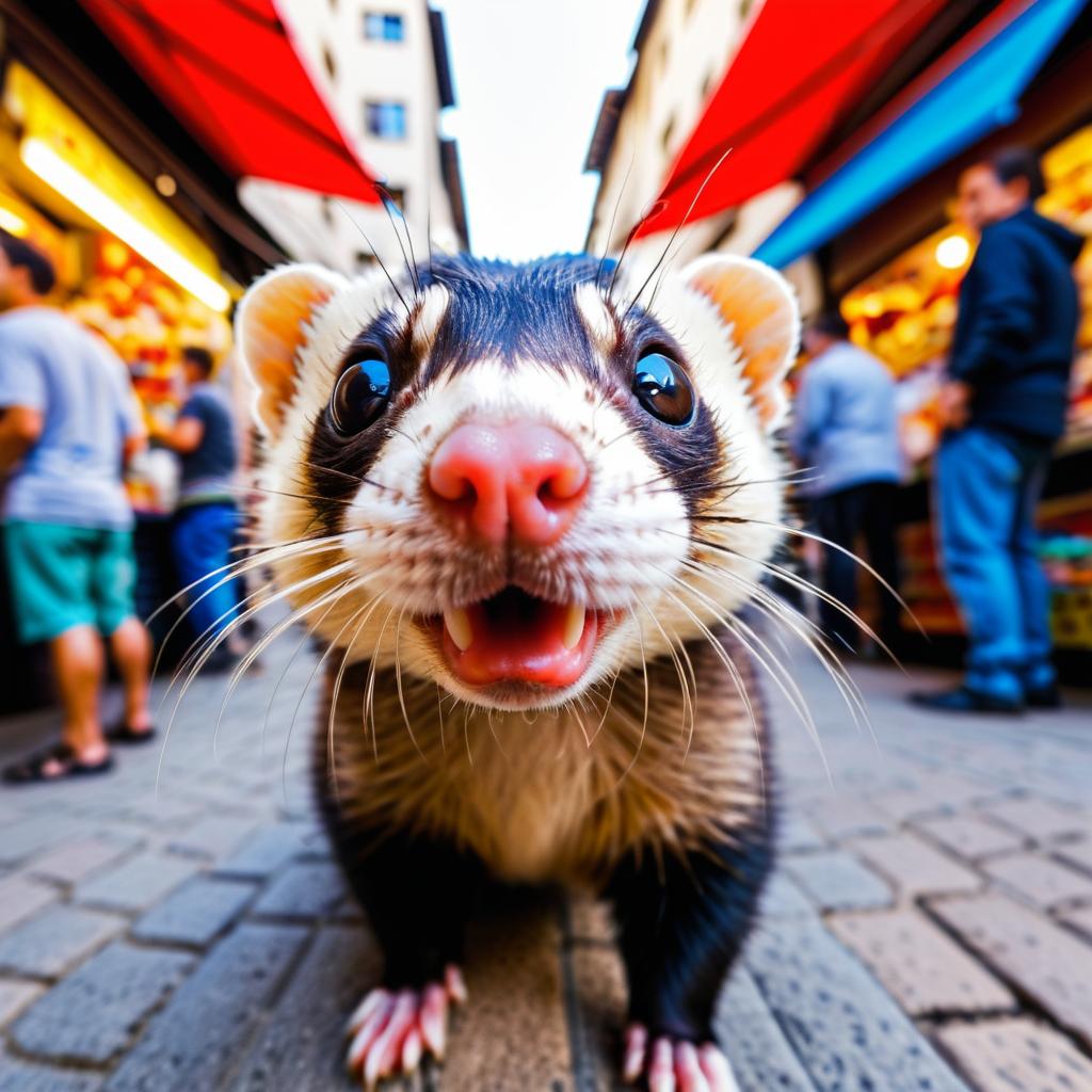 Comically Distorted Ferret in a Busy Scene