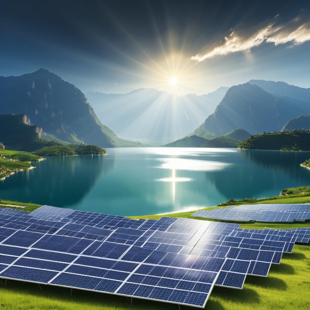 Serene Mountains with Solar Panels and Lake