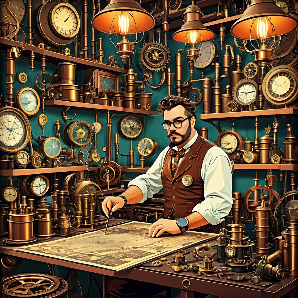 Quirky Steampunk Inventor in Workshop