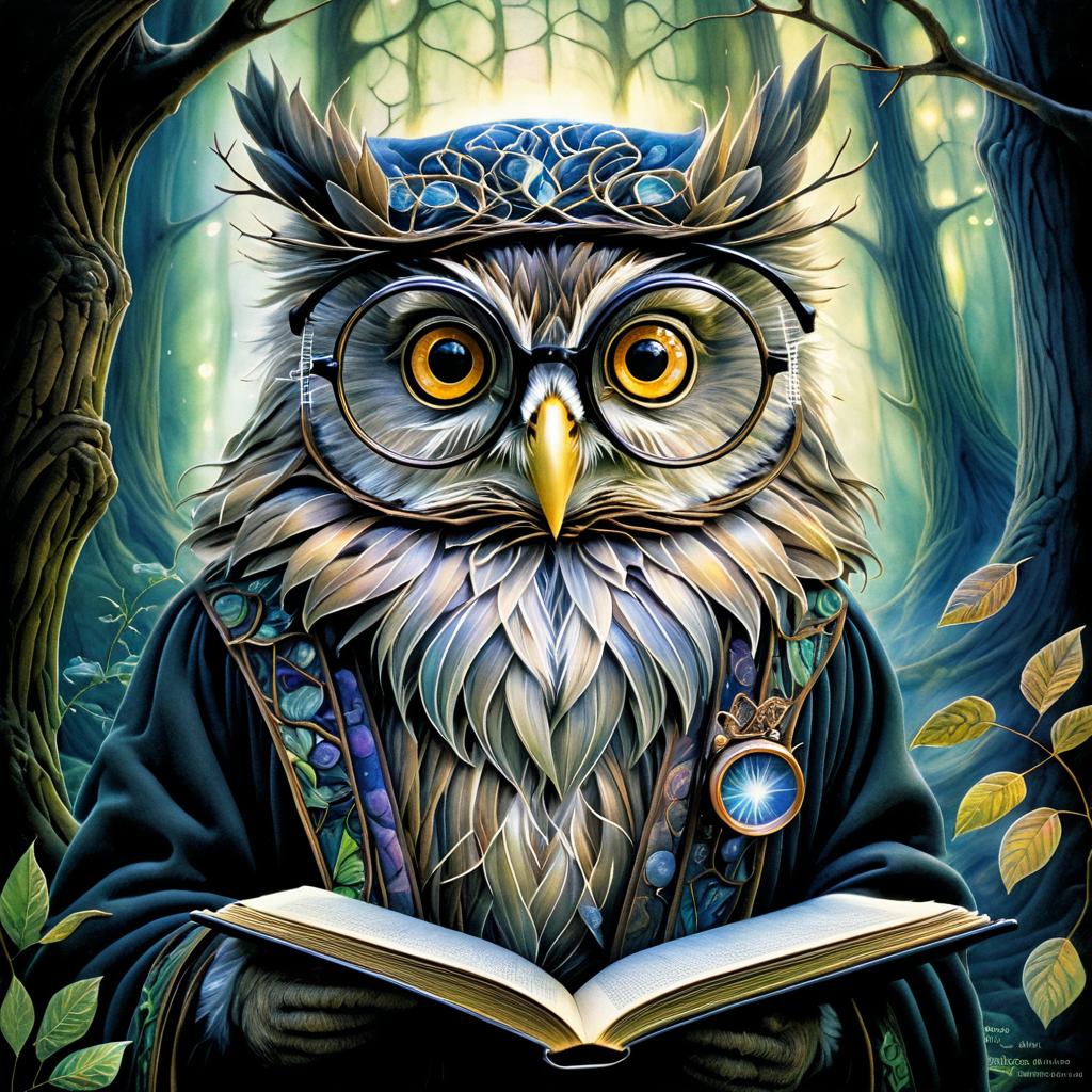 Whimsical Wise Owl in Dark Forest