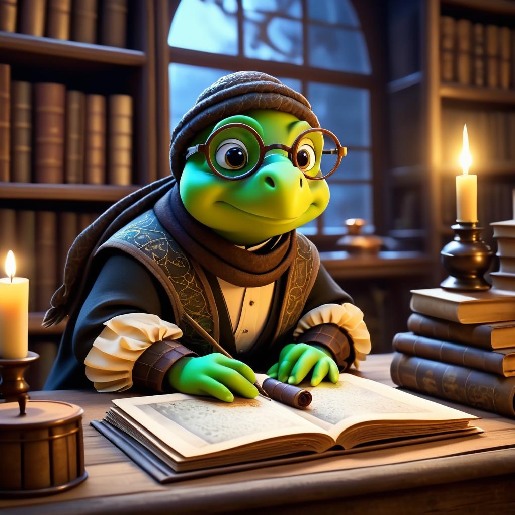 Whimsical Turtle Writer in Cozy Study