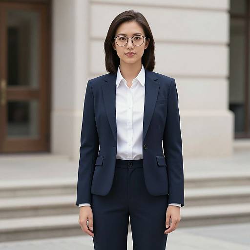 Photograph of an Asian woman with shoulder-length black hair, glasses, wearing a black suit with a white shirt, standing in front of a white,