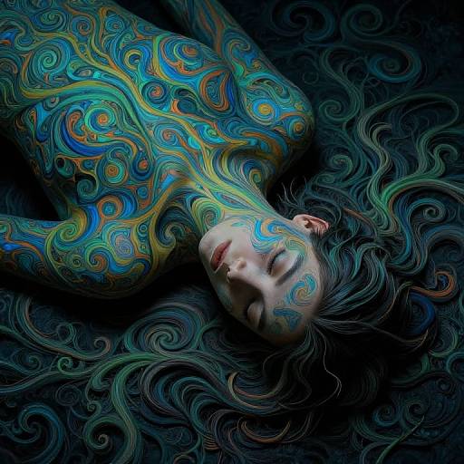 Photograph of a woman with intricate, swirling blue, green, and yellow tattoos covering her body, lying on dark, wavy hair.