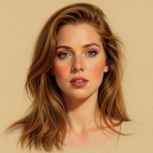 Digital portrait of a young woman with fair skin, green eyes, and wavy brown hair, set against a beige background.