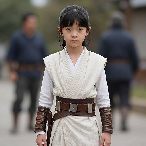 Photograph of an East Asian young girl with black hair in a white, belted, medieval-style outfit, standing in a blurred outdoor setting with blurred