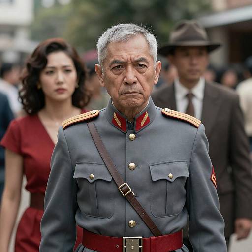 Military Regalia in a Bustling Street Scene