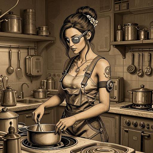 Digital illustration of a tattooed woman with goggles, in overalls, cooking in a vintage-style kitchen with metallic pots and utensils.