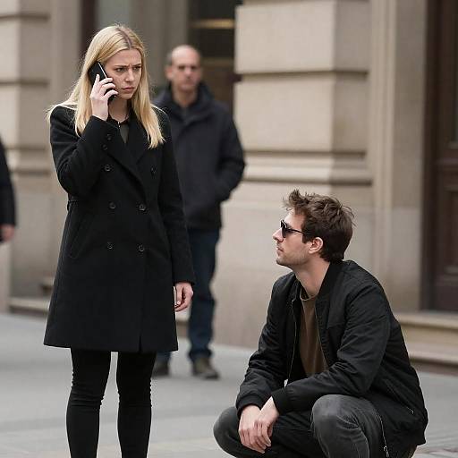 Concerned Woman on Phone, Kneeling Man