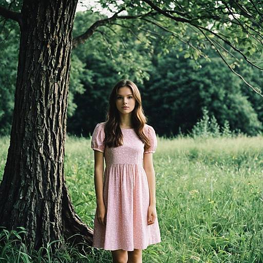 Young Woman in Pink Dress in Nature