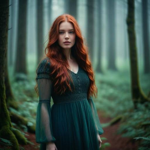 Red-haired woman in forest dress