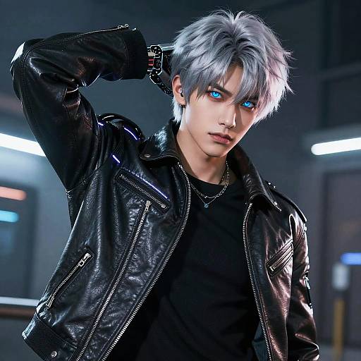 CGI image of a silver-haired, blue-eyed young man in a black leather jacket, black shirt, and necklace, posing with a confident look in