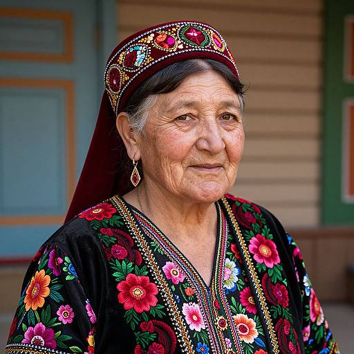 Photograph of an elderly Asian woman with wrinkled skin, wearing a colorful floral embroidered traditional dress and headpiece, smiling softly.