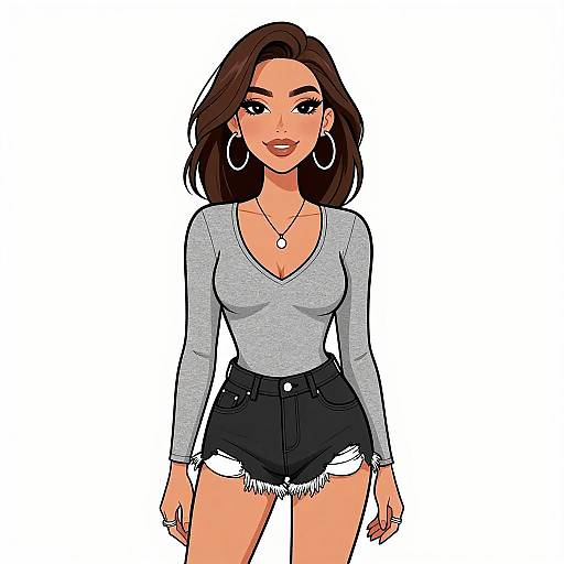 Digital illustration of a smiling woman with medium brown skin, shoulder-length brown hair, wearing a gray long-sleeve top, black high-waisted