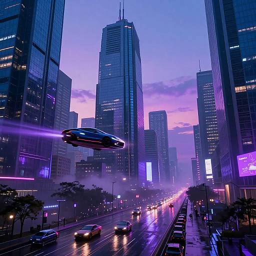 Cyberpunk cityscape at dusk: flying car, neon lights, reflective skyscrapers, wet street, glowing billboards, purple and blue hues