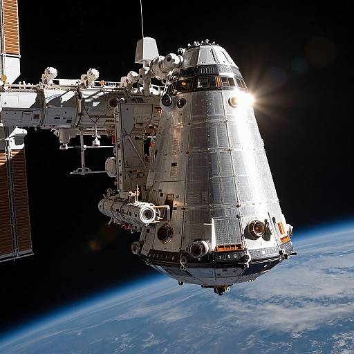 Photograph of a detailed, illuminated space shuttle orbiting Earth, showcasing its complex structure, solar panels, and Earth's curvature below against the dark cosmos