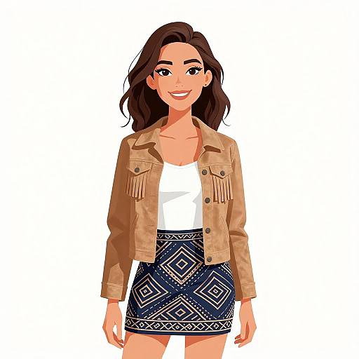 Digital illustration of a smiling woman with long brown hair, wearing a tan jacket, white tank top, and blue patterned skirt.