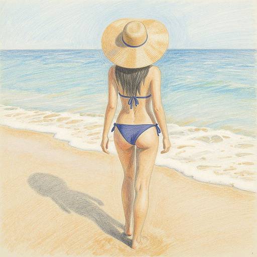 Digital drawing of a woman in a blue bikini and wide-brimmed hat walking away on a sunny beach, with ocean waves in the background.
