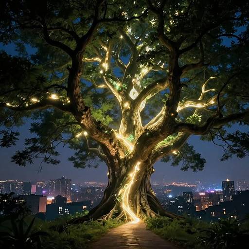 Photograph of a large tree at night, illuminated by glowing fairy lights, with a cityscape in the background. Warm lights highlight the tree's branches