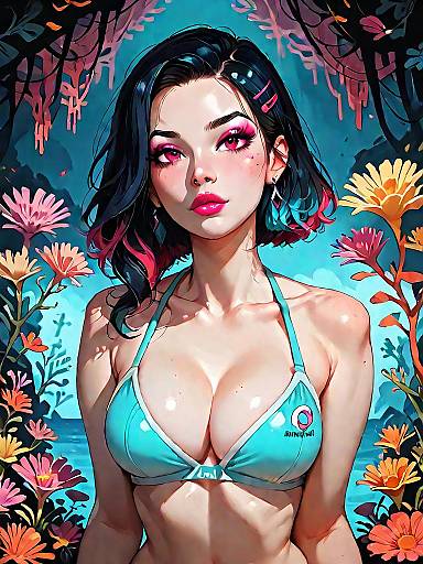 Stylish Girl in Sporty Bikini with Floral Background