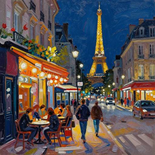 Vibrant digital painting of Parisian street at night, with Eiffel Tower illuminated, diners at café, pedestrians walking, warm streetlights