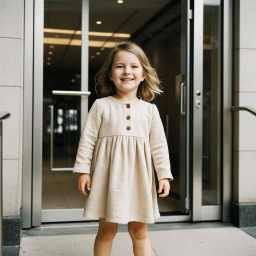 Smiling Toddler Girl in Beige Dress Outdoors