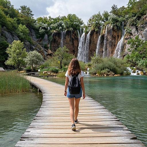 Photograph of a woman with long brown hair, wearing a white shirt, denim shorts, and black backpack, walking on a wooden boardwalk towards a