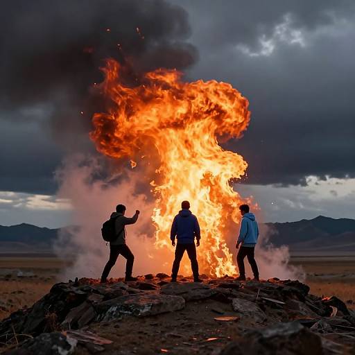 Photograph of three silhouetted men standing in front of a massive, bright orange fire in a barren desert, dark clouds overhead.